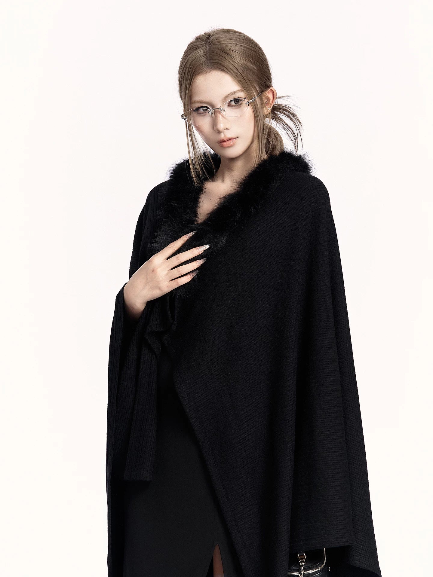 Asymmetric Cable-Knit Draped Cardigan Cape