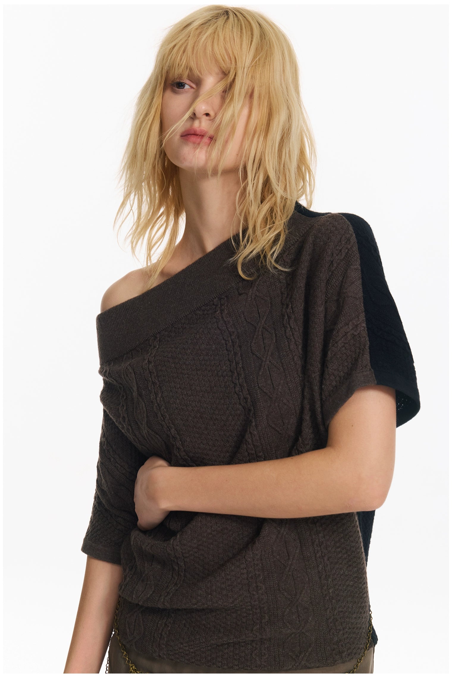 Diagonal Bat-Sleeve Knit Crewneck