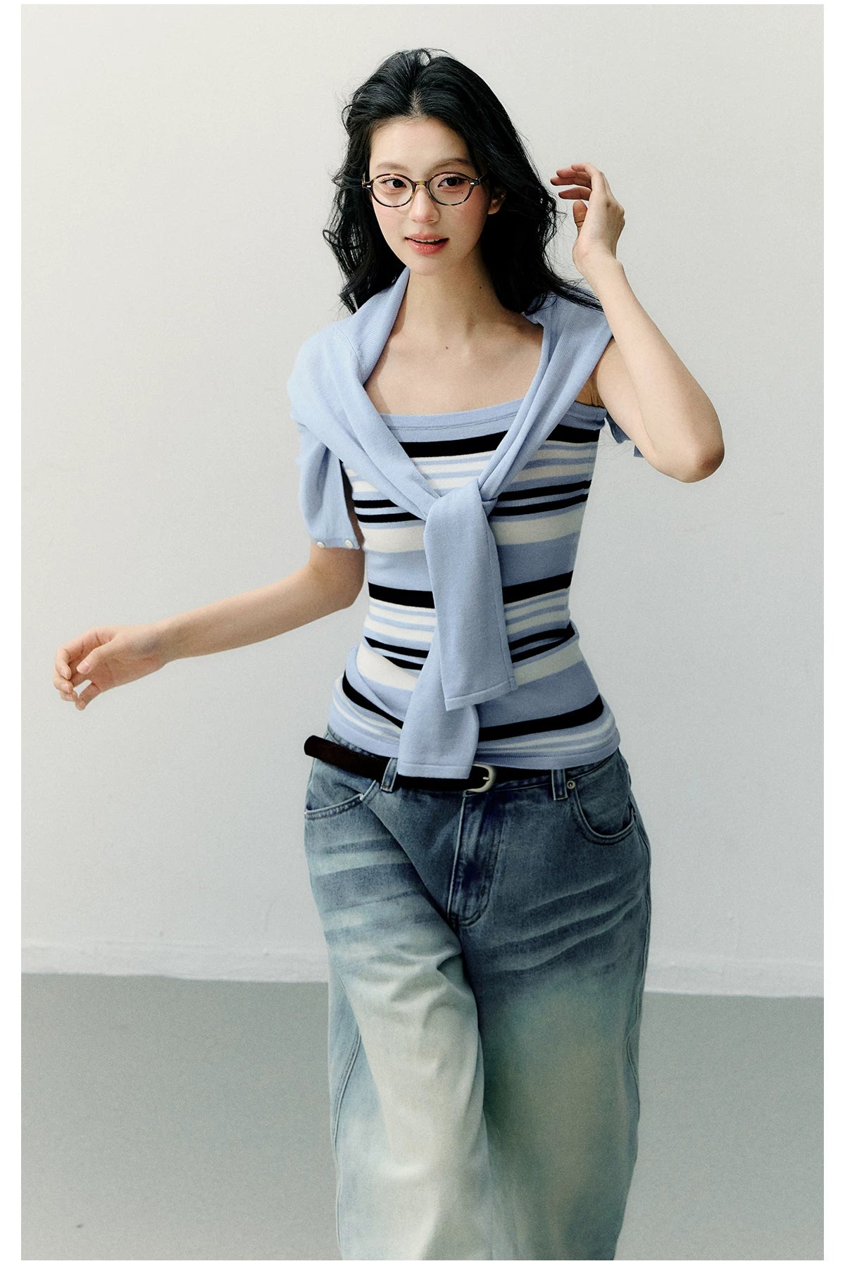 Structured Vest & Striped Camisole Two-Piece Set