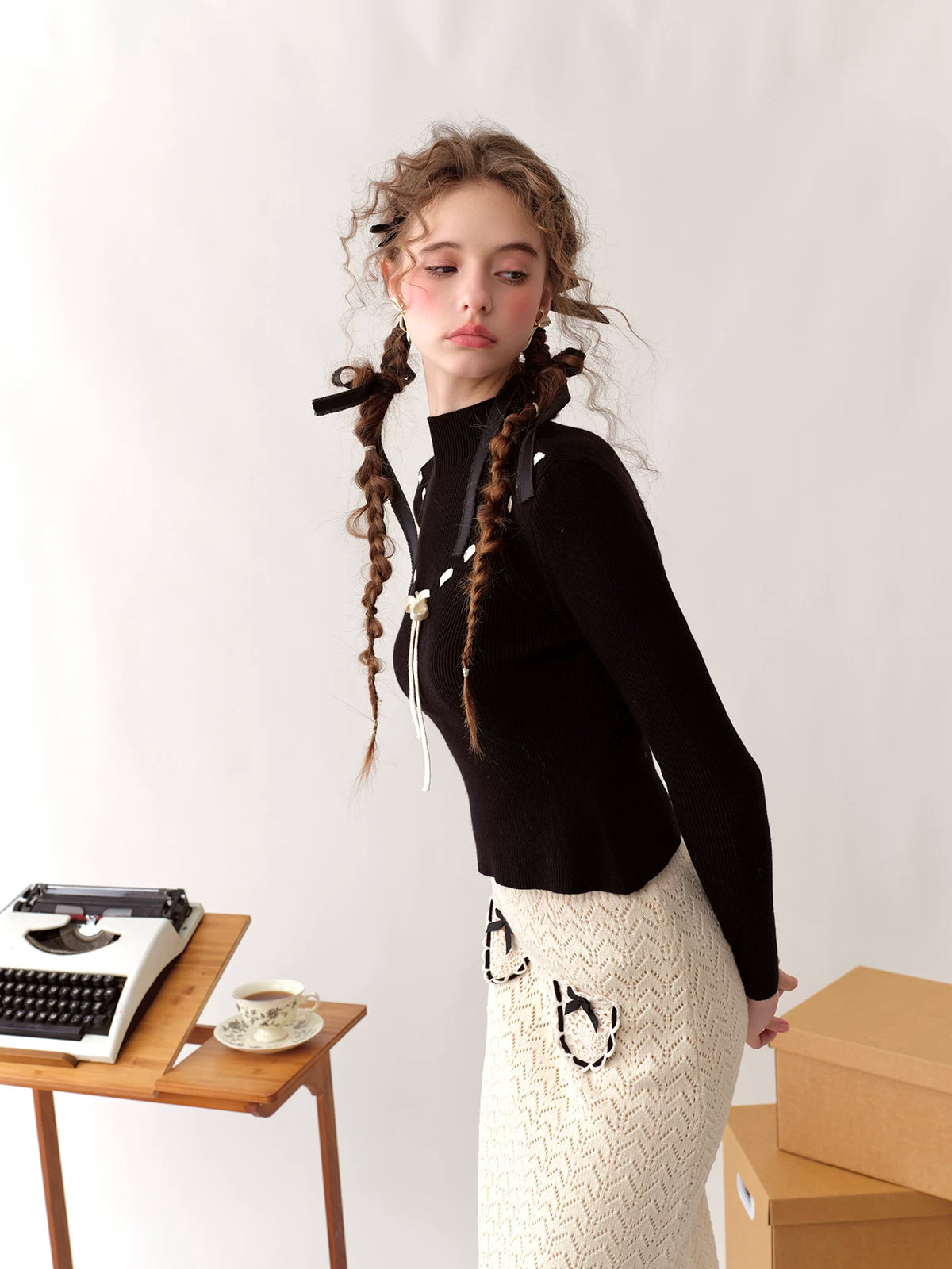 Collegiate White Mock-Neck Knit Top & Skirt Set