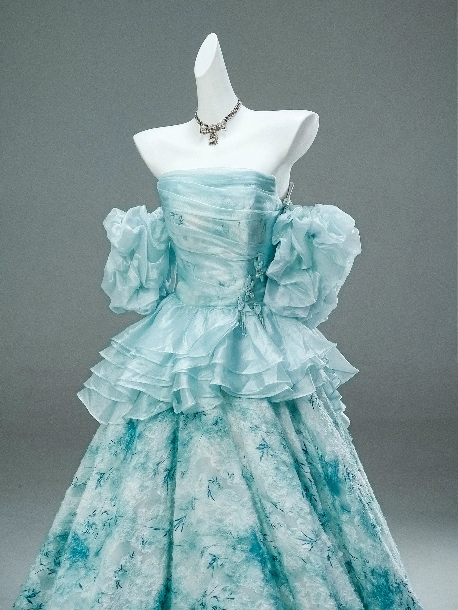 GULI Aqua Floral Tulle Gown with Ruffled Sleeves
