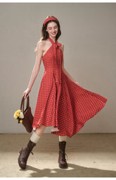 Berry Bordeaux Red Halter Dress - CHINASQUAD