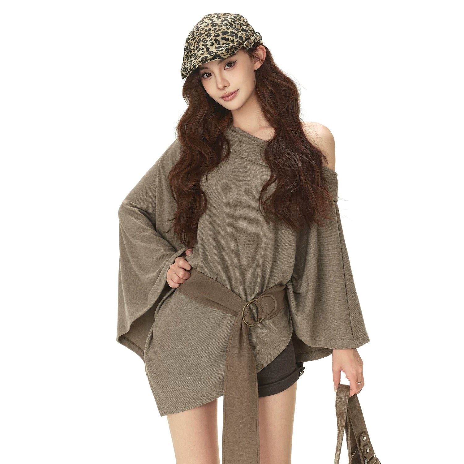 Cape-Style Off-Shoulder Long T-Shirt