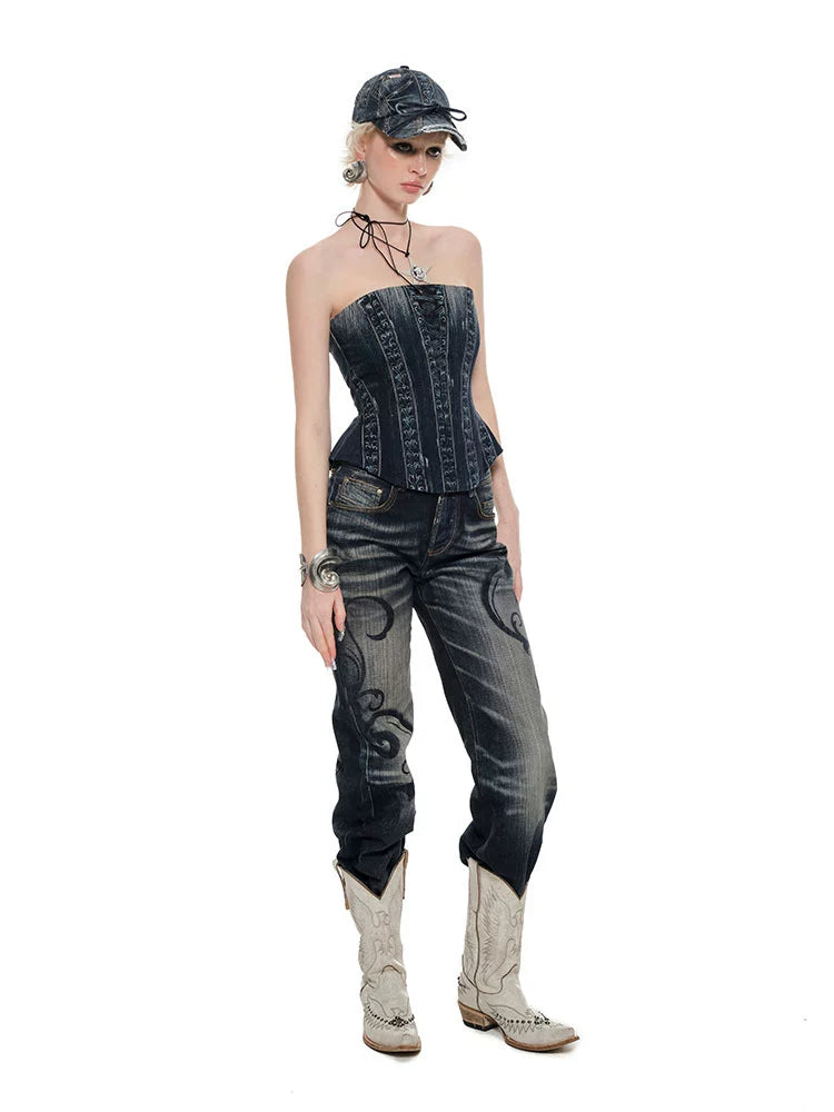 Blue Washed Distressed Straight-leg Jeans - CHINASQUAD