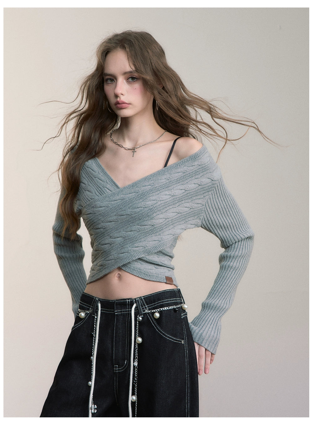 3D Cable Knit Cross Sweater