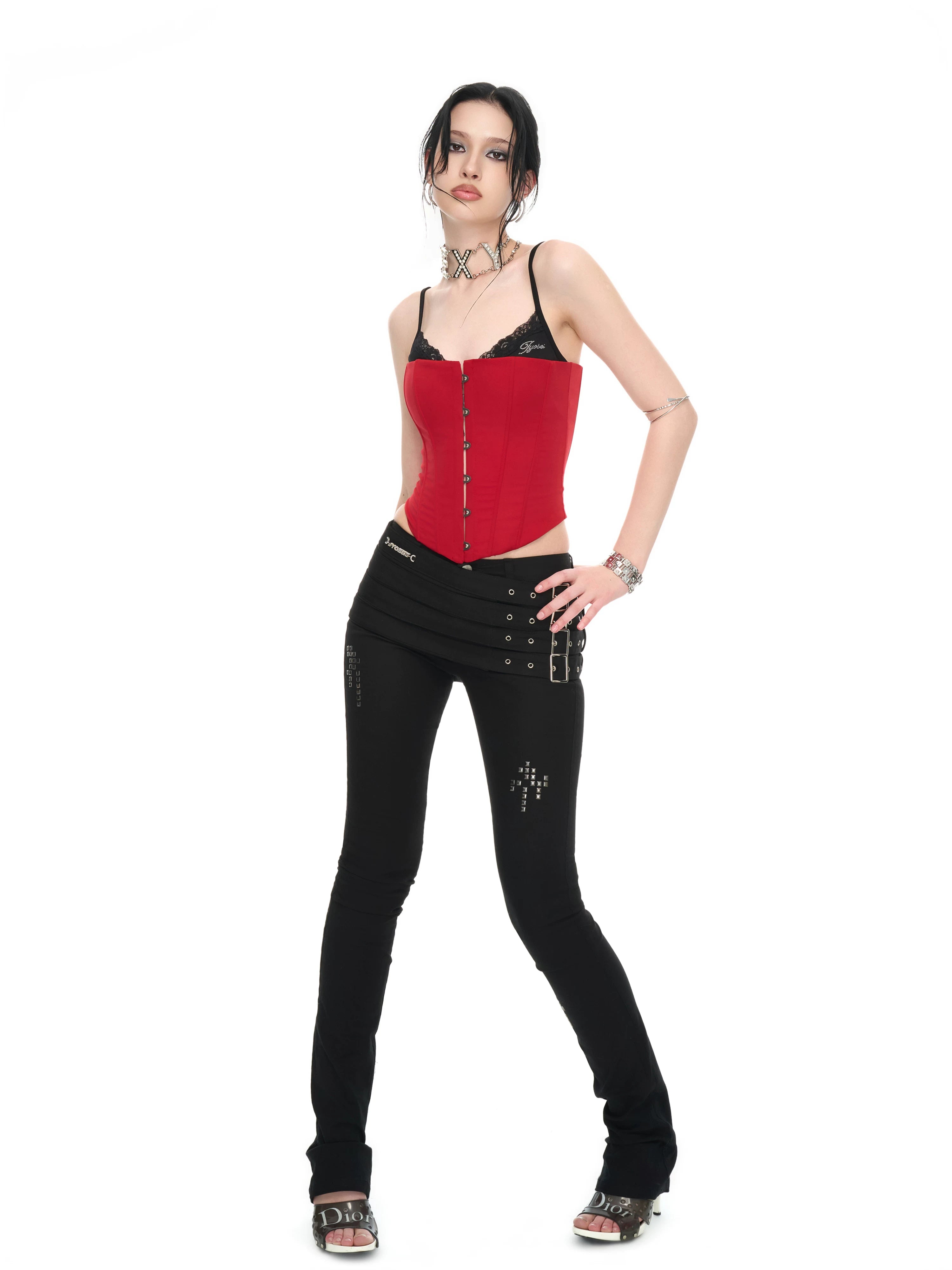 Crimson Lace Panel Hook Corset Camisole Top