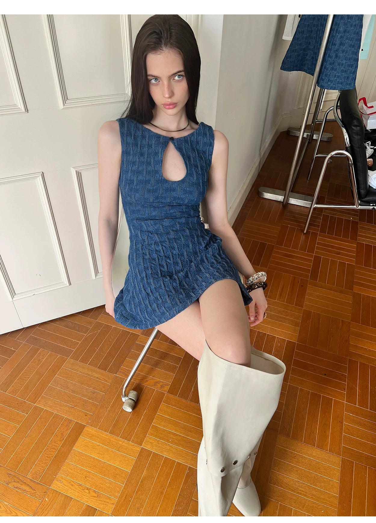 Textured Denim Teardrop Cut-Out Dress NeverMore