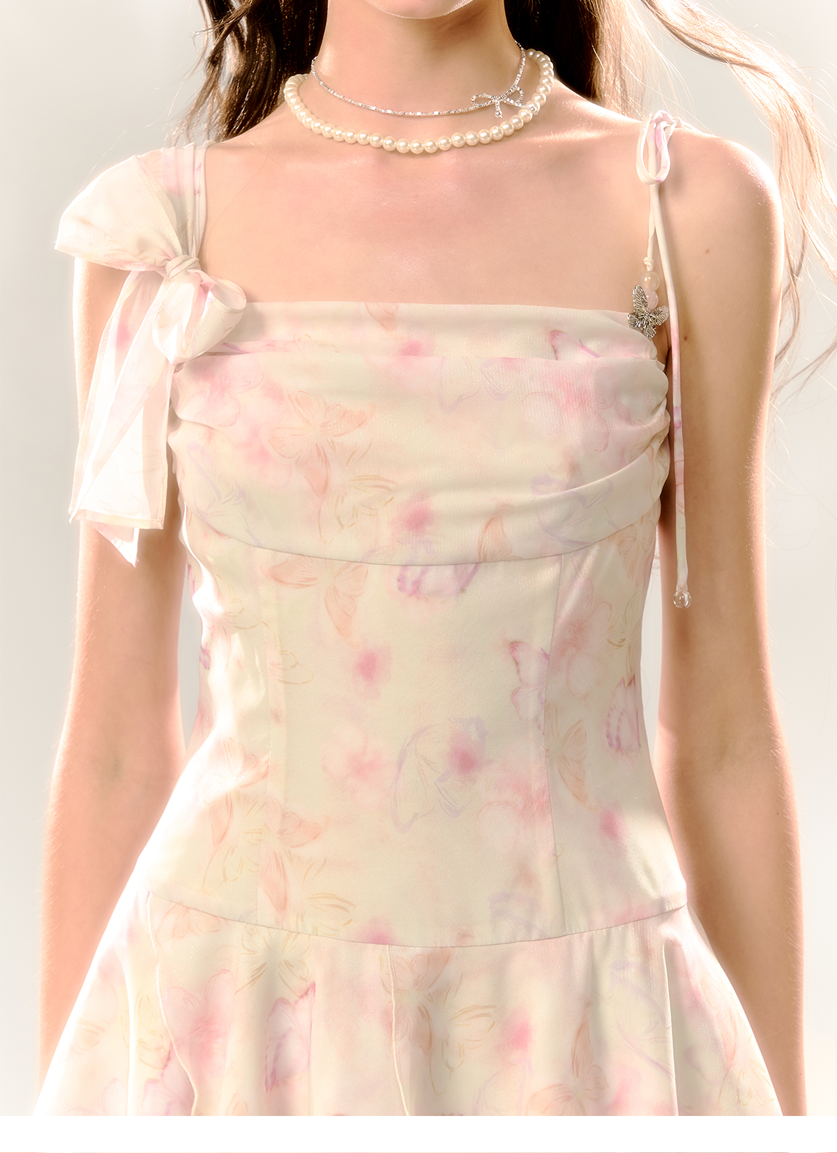 White Butterfly Print Cinched Waist Dress - CHINASQUAD