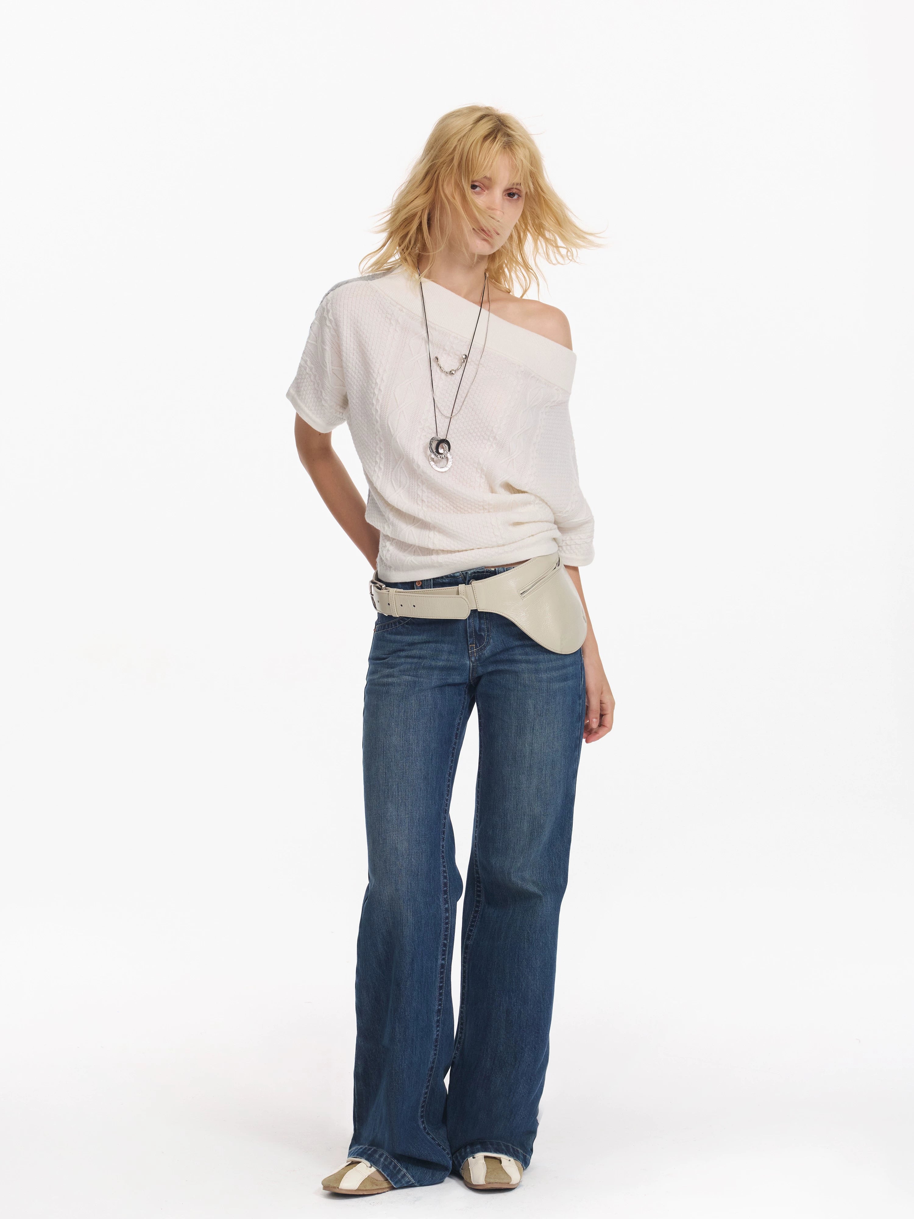 Diagonal Bat-Sleeve Knit Crewneck