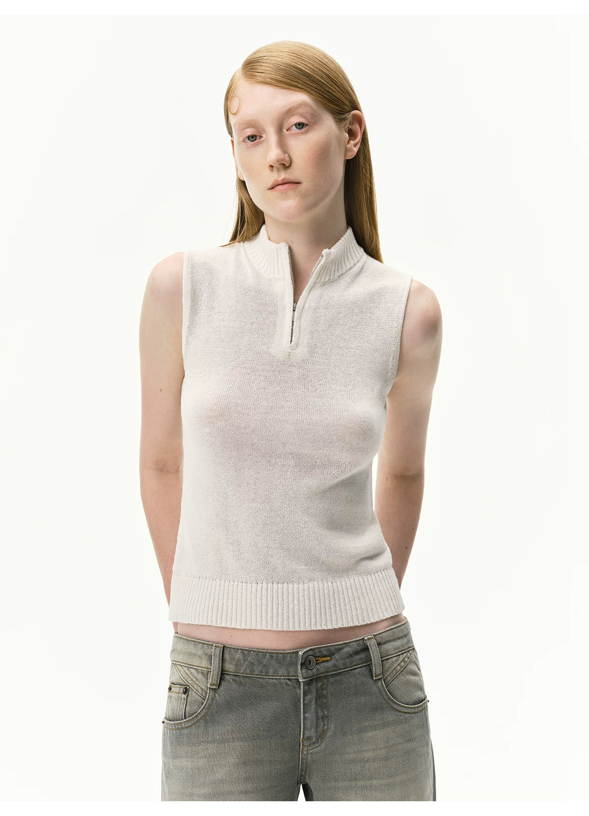 Linen-Blend Mock Neck Knit Tank