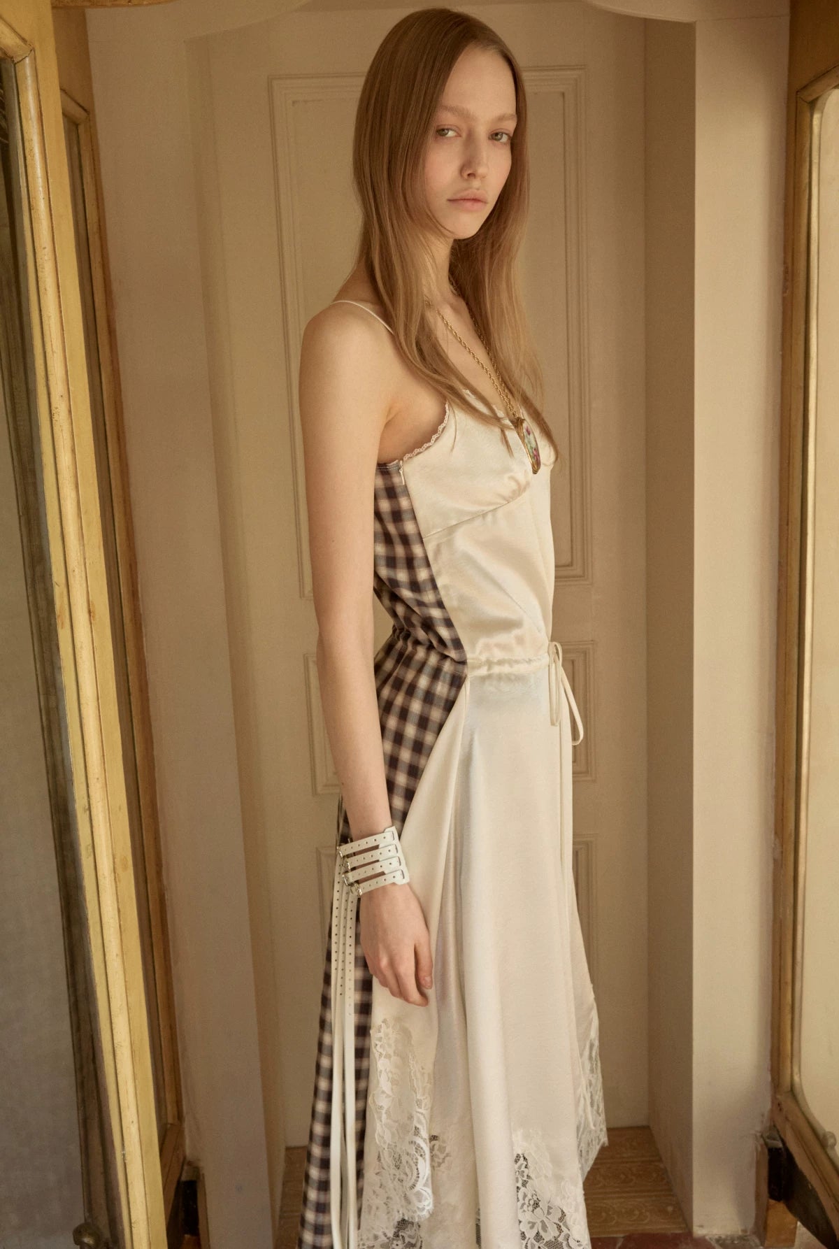 Lace Patchwork Plaid V-Neck Slip Dress