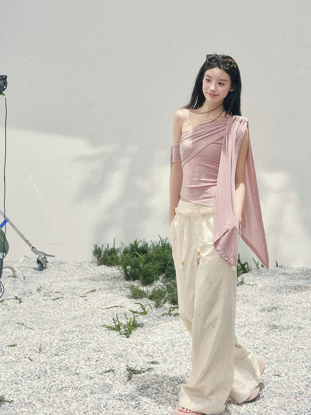 Coral Pink One-Shoulder Ribbon Blouse