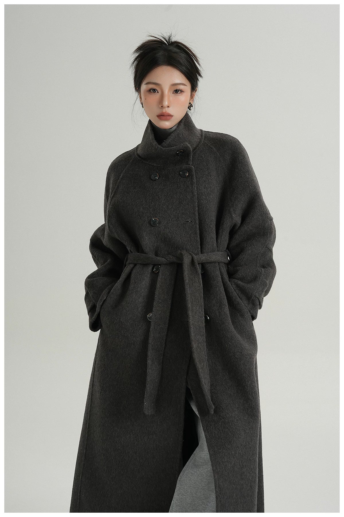 Stand-Collar Long Wool Coat