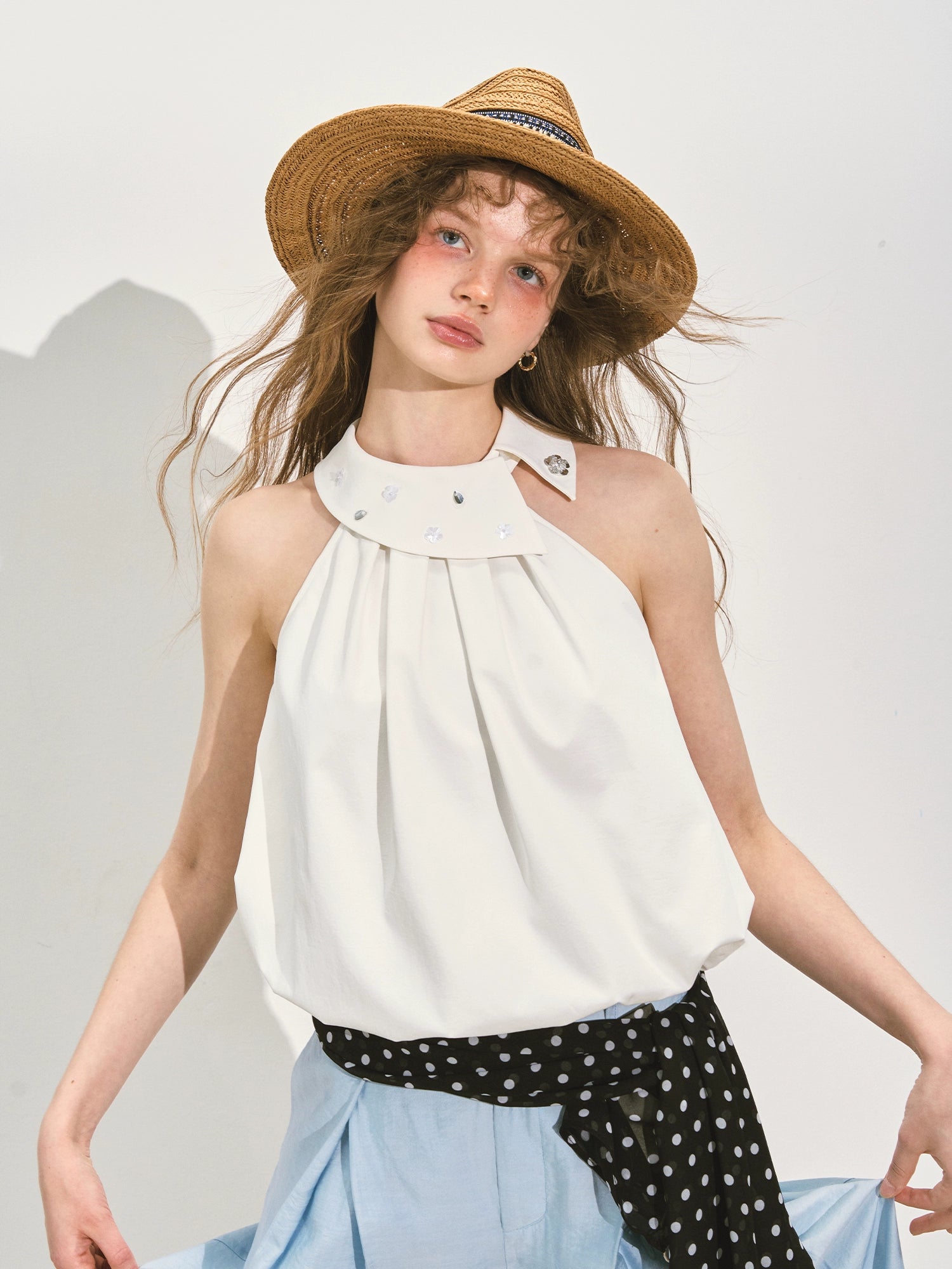 Halter Neck Off-Shoulder Crinkled Sleeveless Top - CHINASQUAD