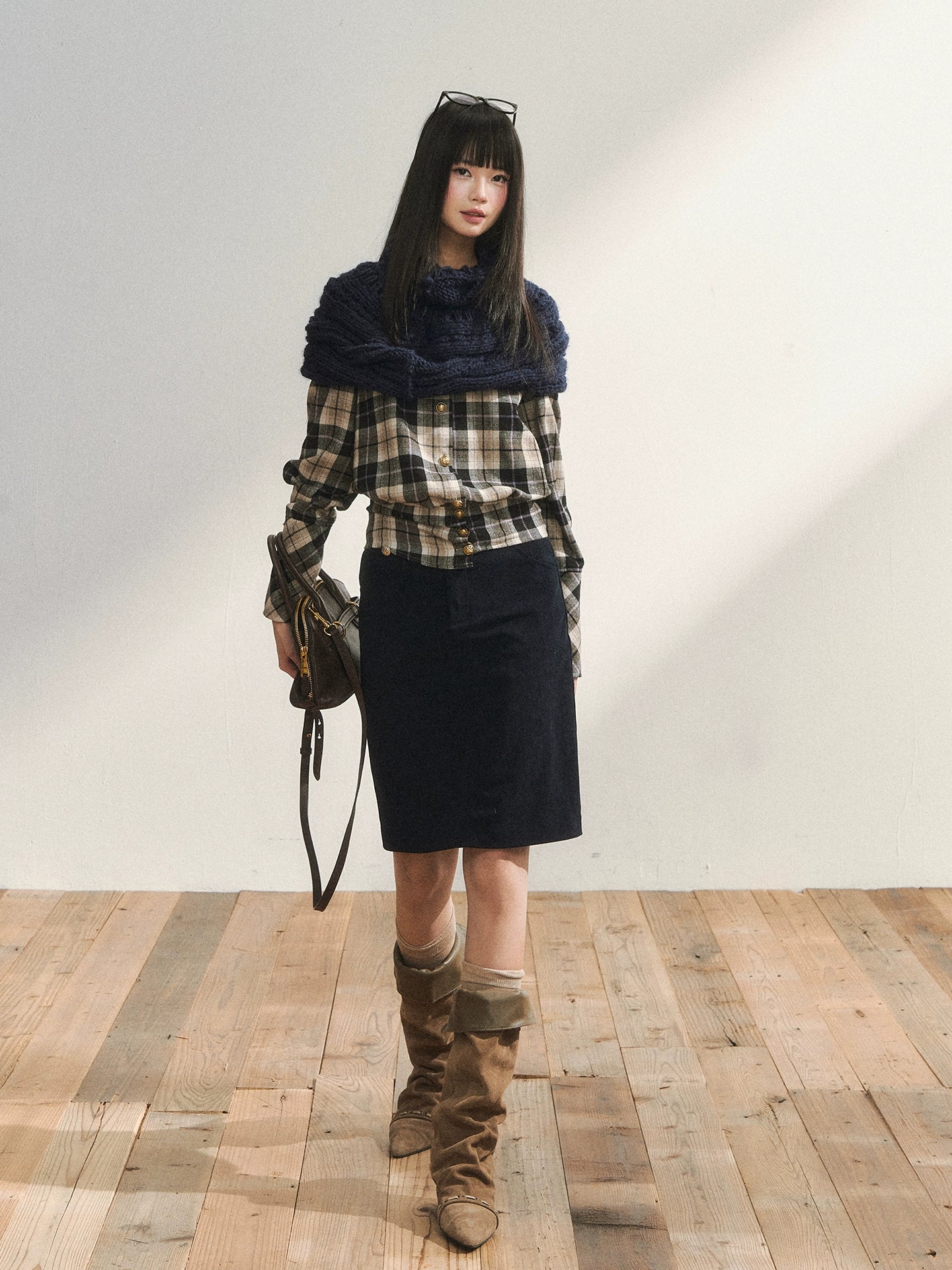 Vintage Plaid Contrast-Panel Fitted Shirt Crewneck