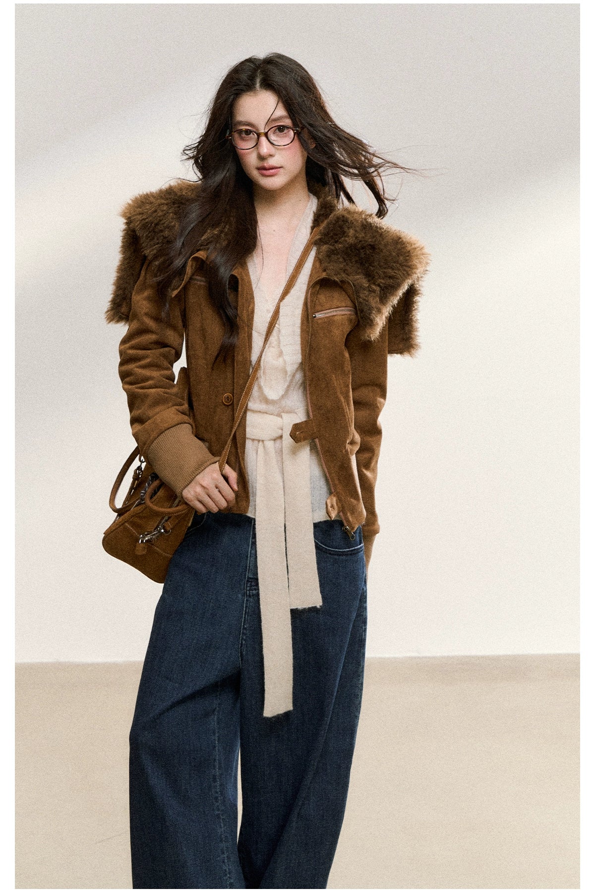 Mahogany Faux Fur Collar Suede Cropped Jacket - CHINASQUAD