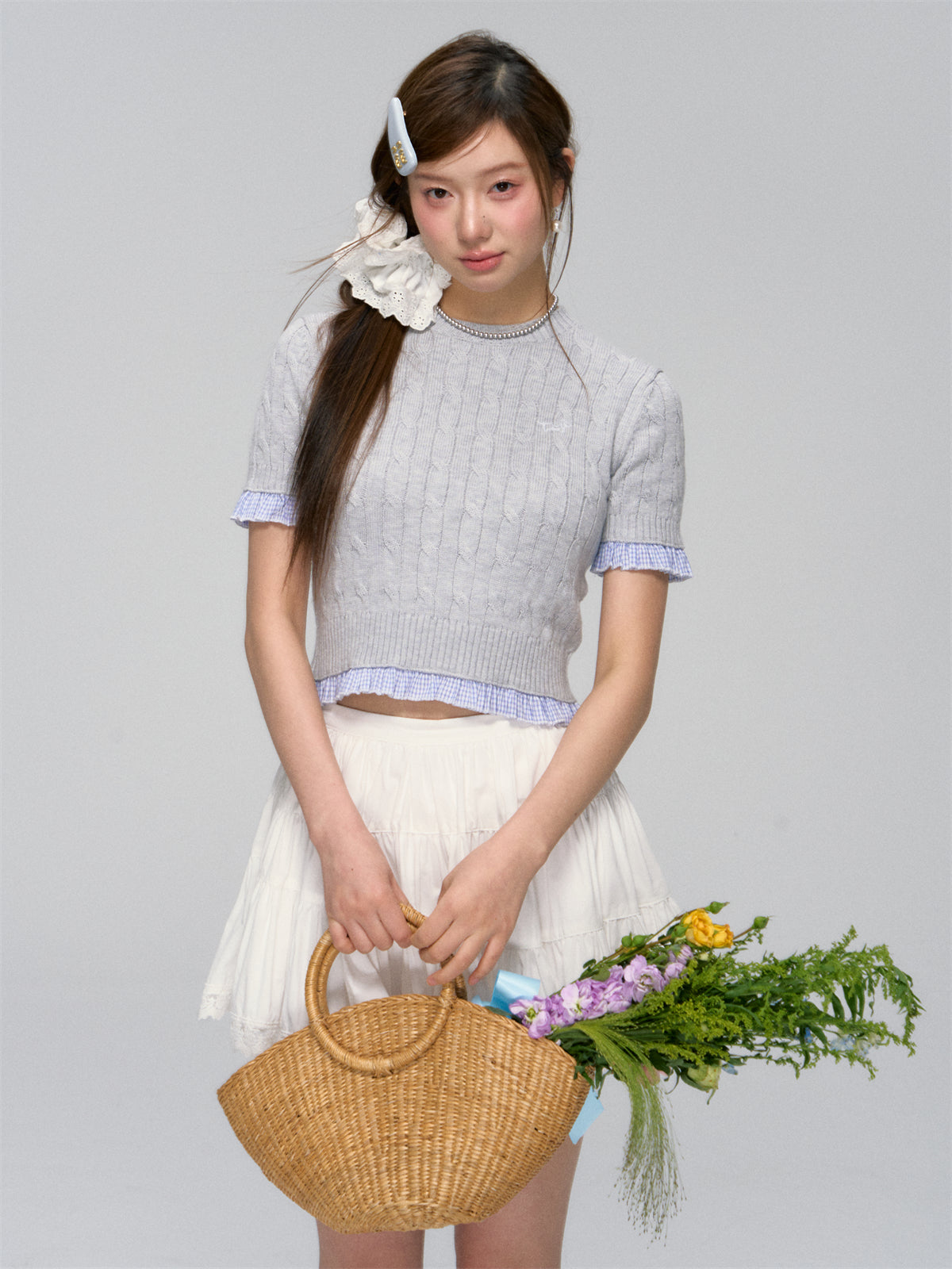 Ruffled Edge Cable Knit Short-Sleeve Top - CHINASQUAD