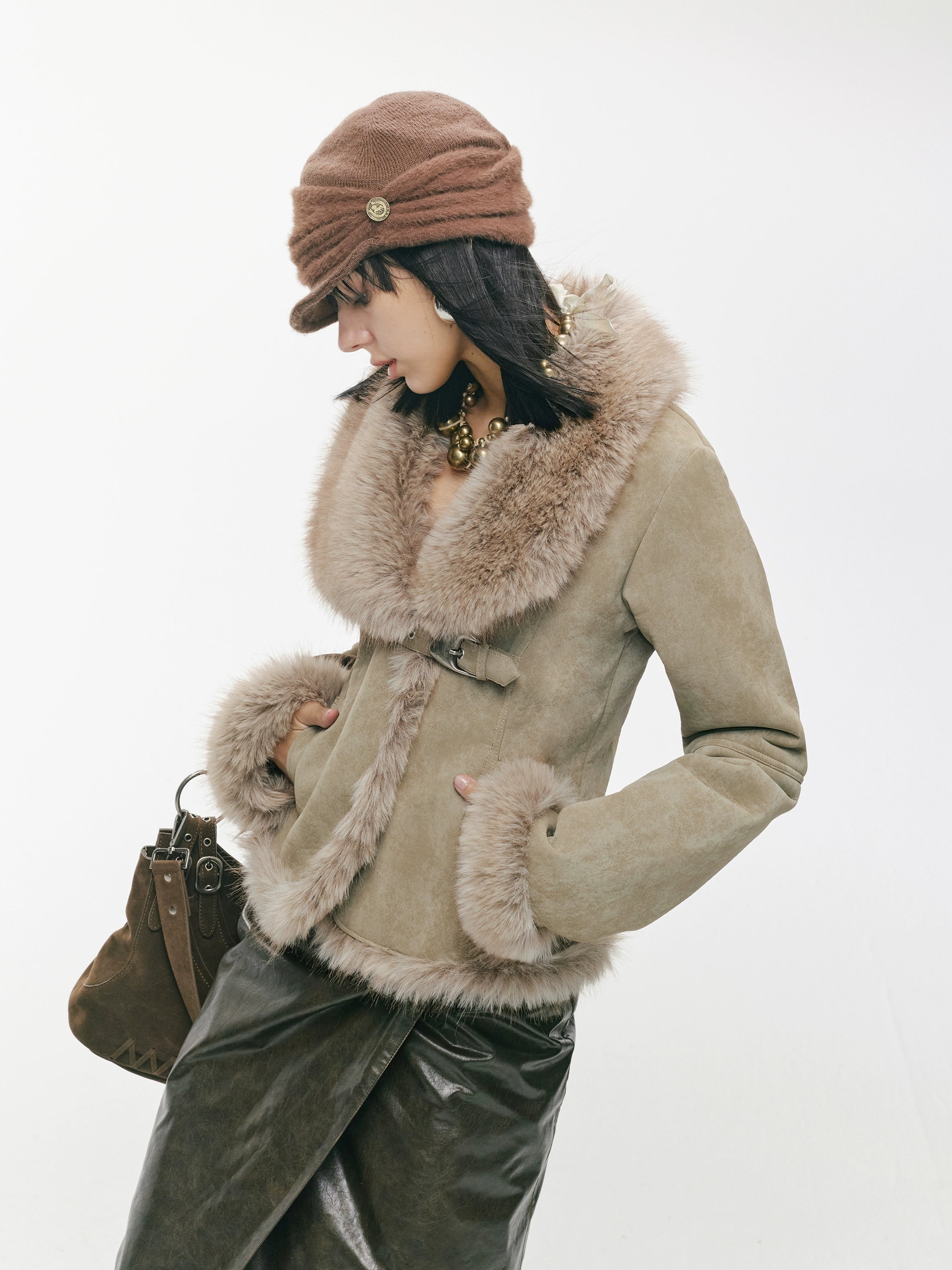 Vintage Asymmetric Shearling-Effect Suede Jacket