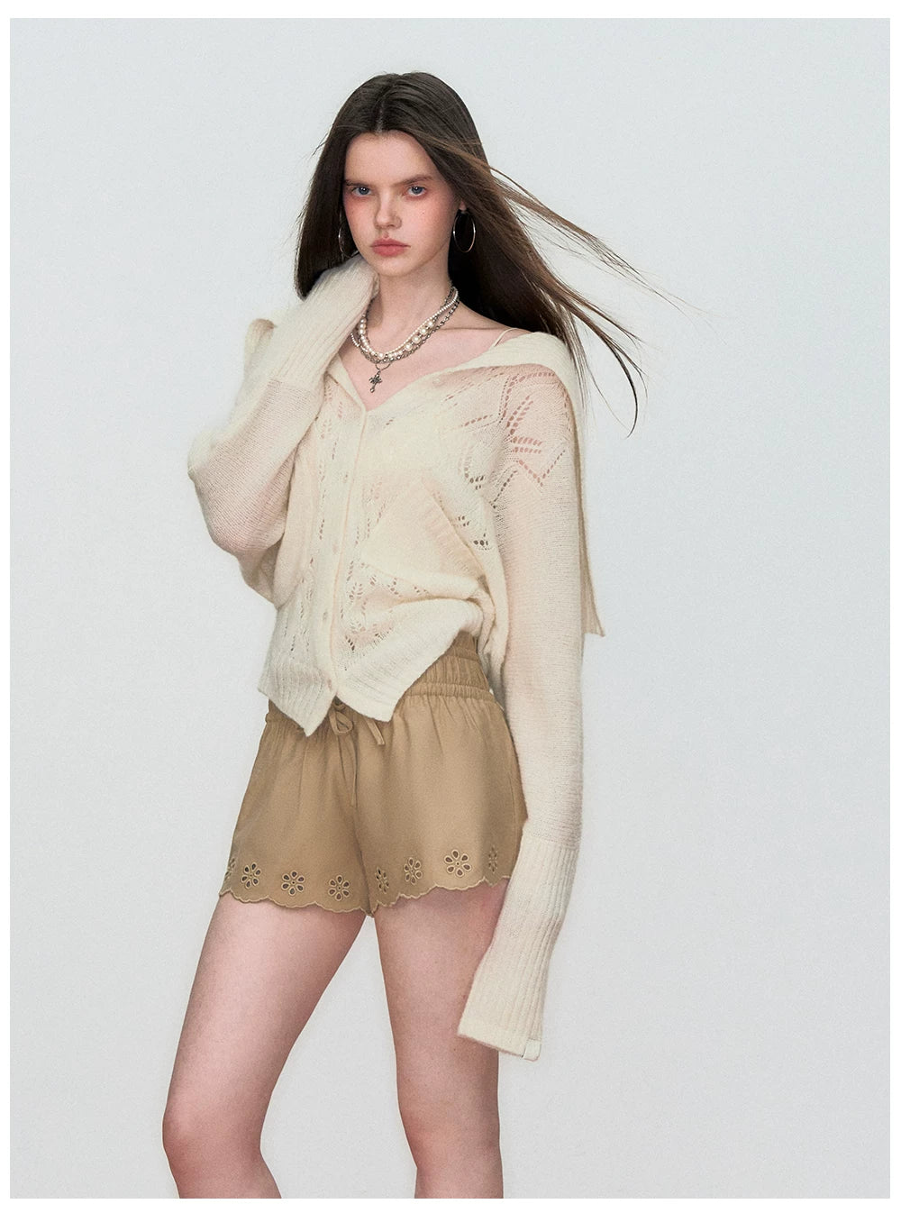 Cut-Out Collared Relaxed Wool Knit Cardigan