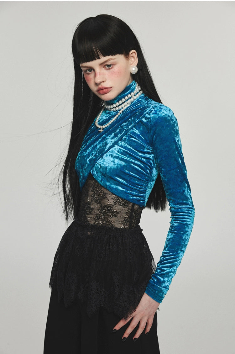 Velvet Turtleneck Crossed Blouse - CHINASQUAD