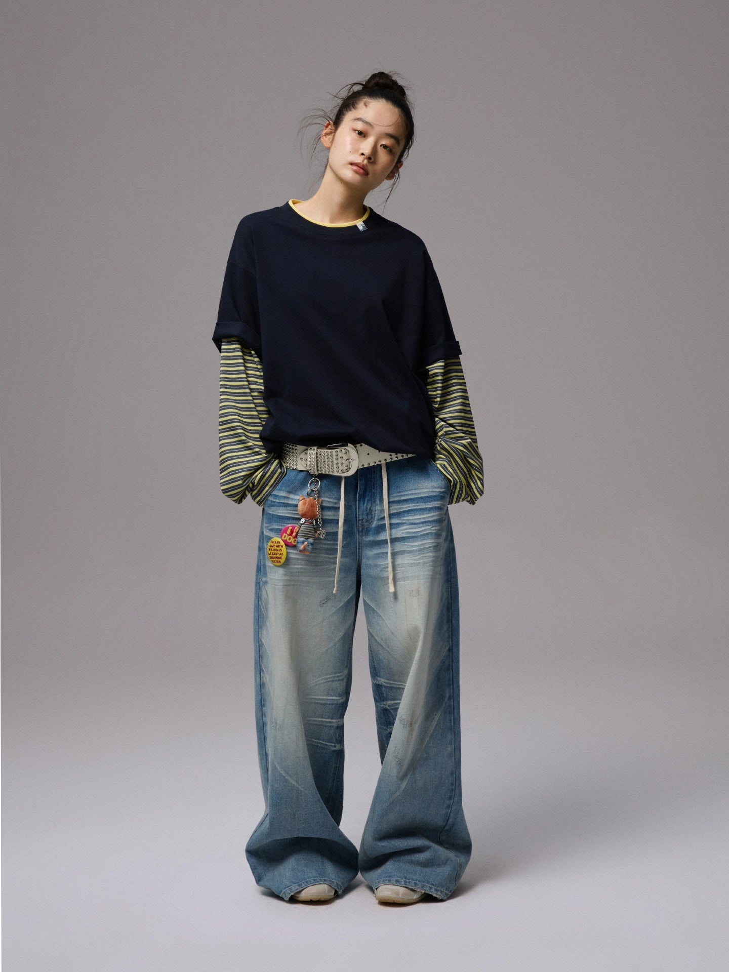 Fake Two-Piece Contrast Color Loose Striped T-Shirt - CHINASQUAD