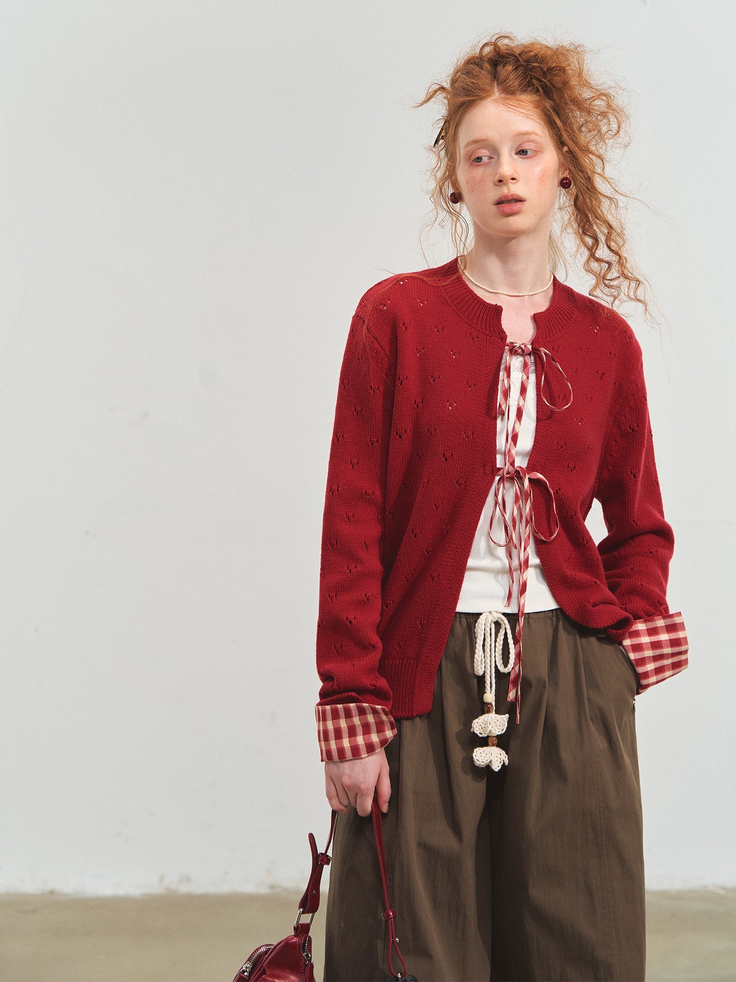 Vintage Plaid Tie-Front Cardigan - CHINASQUAD