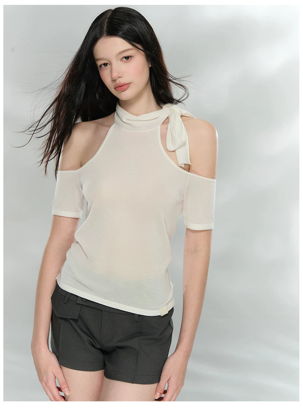 Off-Shoulder Patchwork Knit Cropped T-Shirt