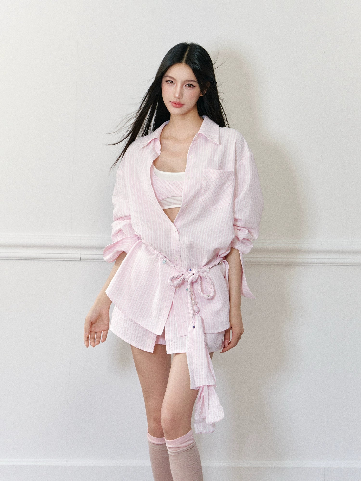 Pink Oversized Striped Shirt - CHINASQUAD