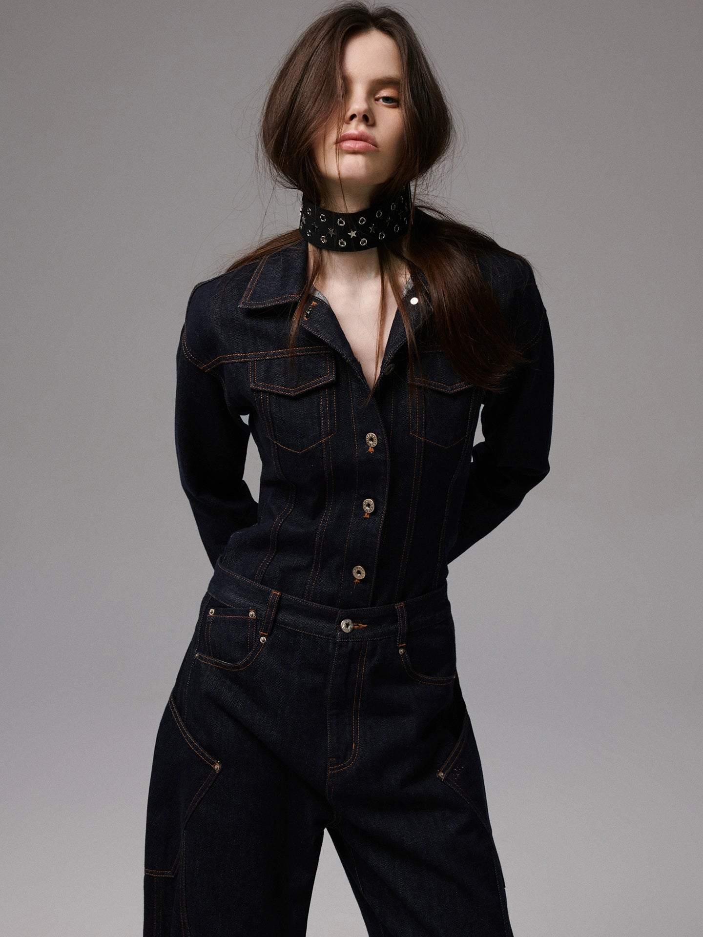 Raw Denim Wide-Shoulder Waist-Cinching Jacket Set - CHINASQUAD