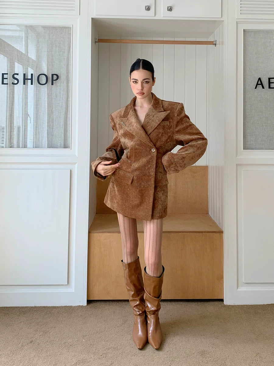 Waist-Cinched Power-Shoulder Blazer