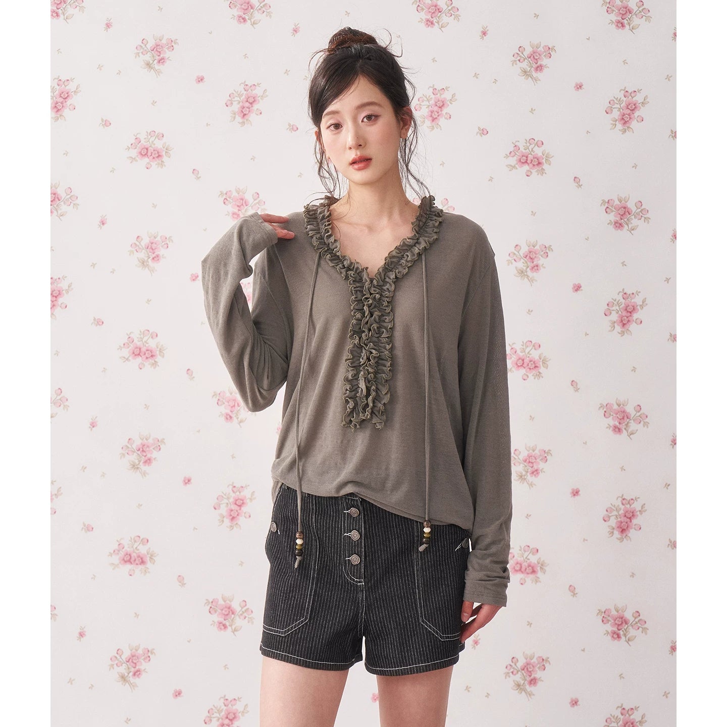 Ruffle Drawstring Sheer Knit Sun-Protective Long Sleeve Top