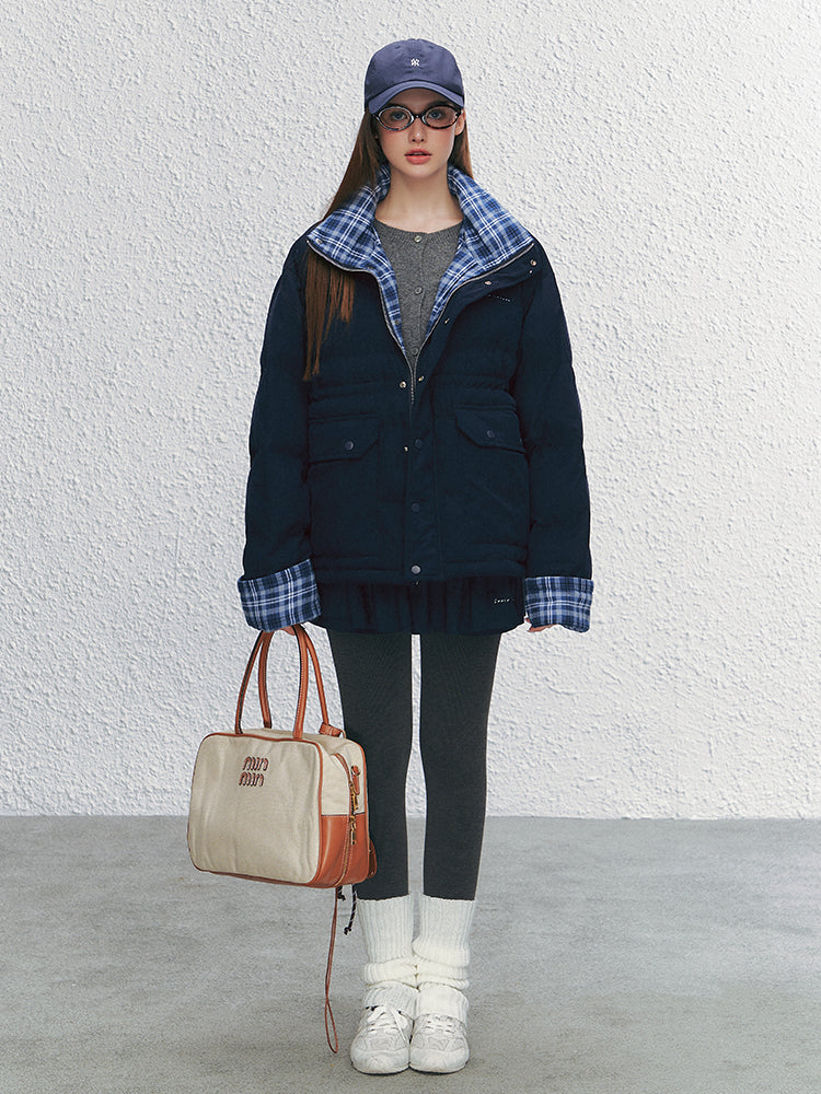 Color-block Plaid Spliced Cotton Jacket - CHINASQUAD