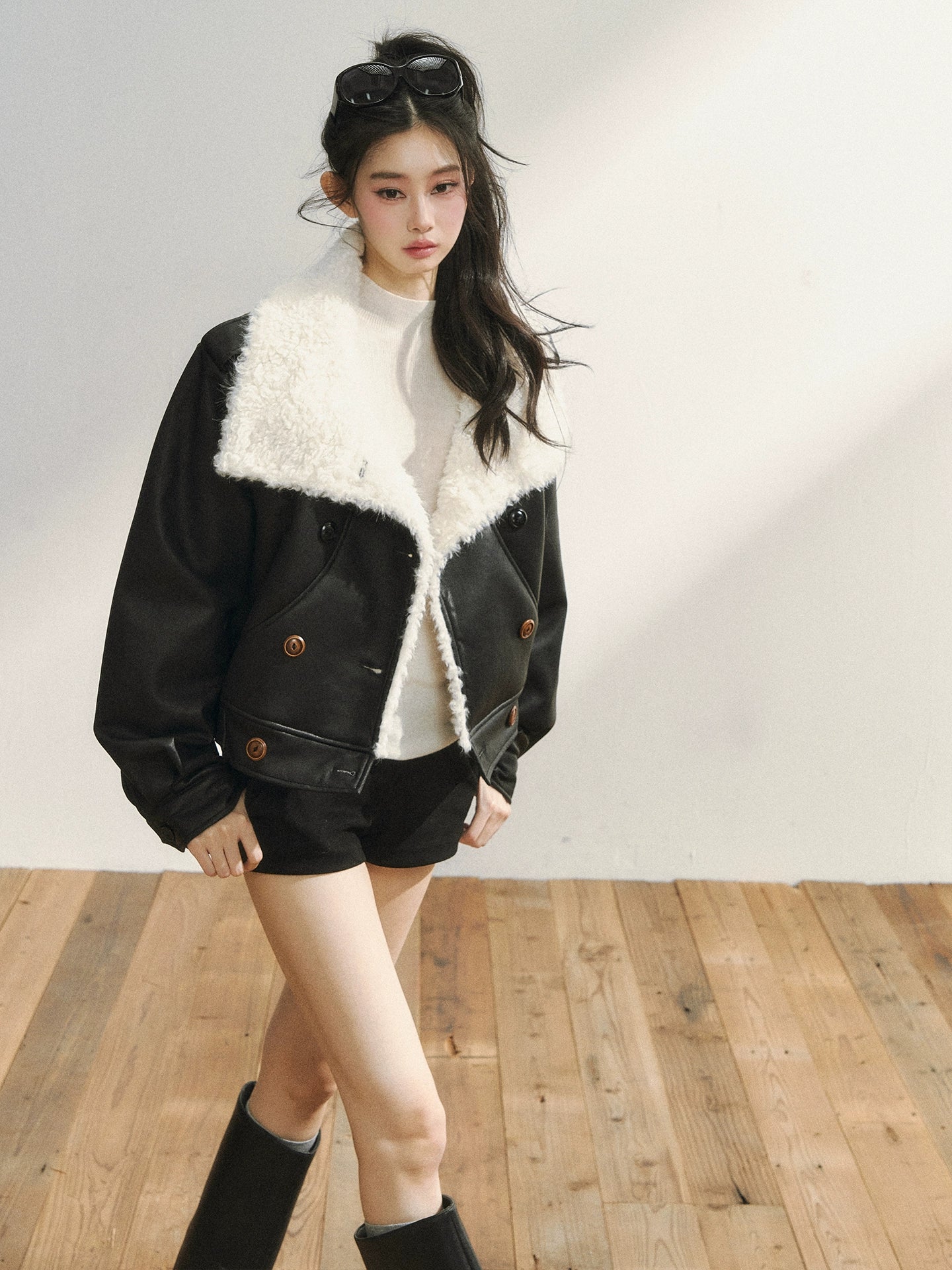 Black Faux Shearling Double-Breasted Leather Jacket