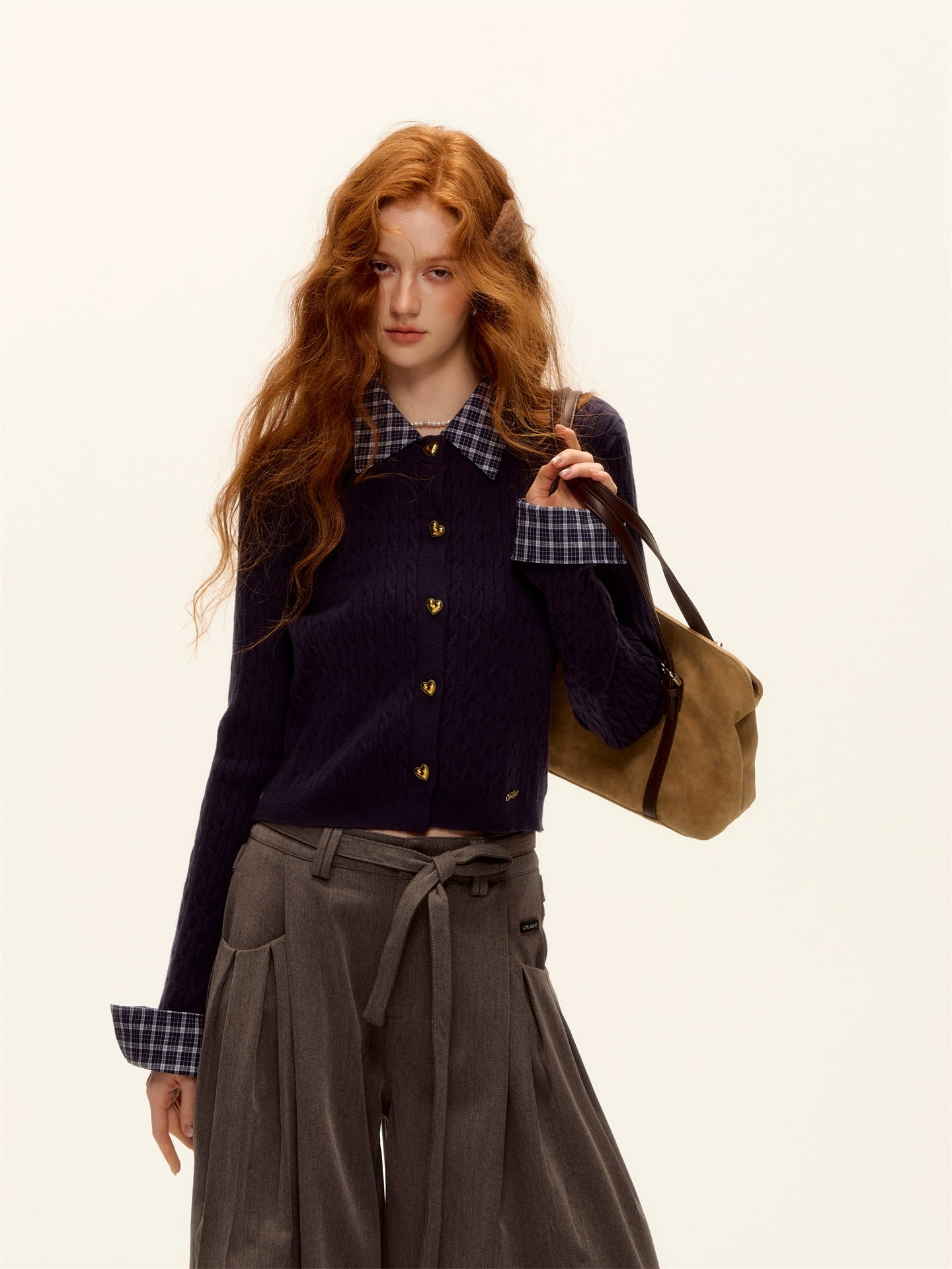 Wool Blend Plaid Patchwork Cable Knit Cardigan