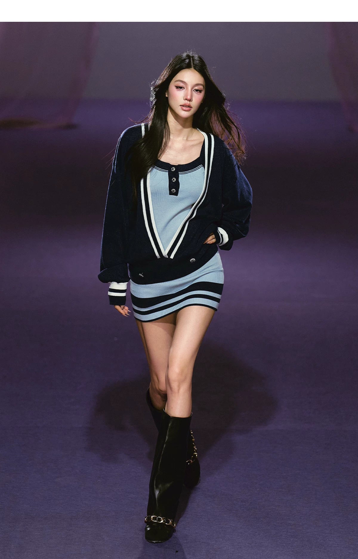 Striped Deep V Knit Dress & Cardigan Set