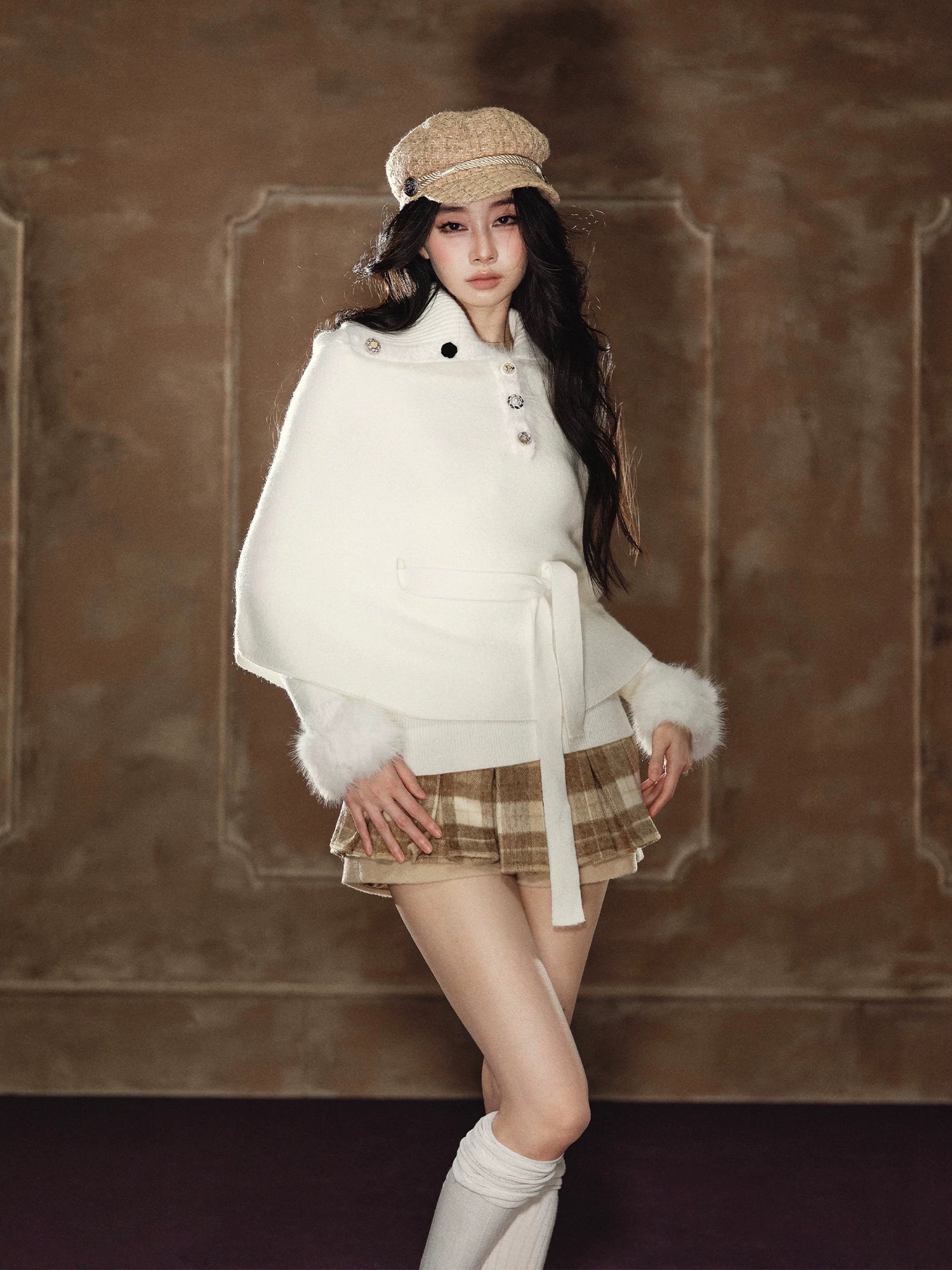 Faux Fur Base Top & Waist-Cinching Cape Knit Set