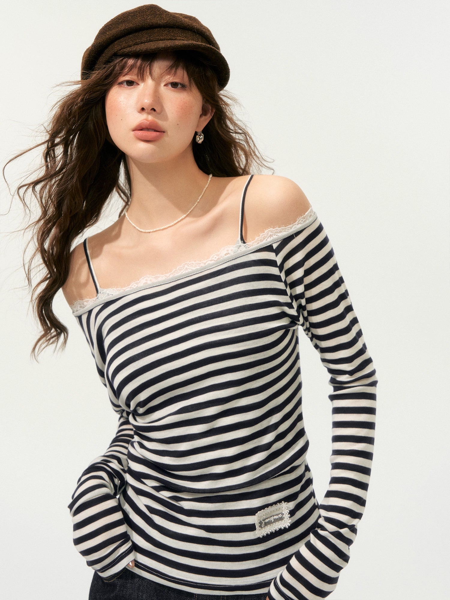 Striped Off Shoulder Fake Two-Piece T-Shirt - CHINASQUAD