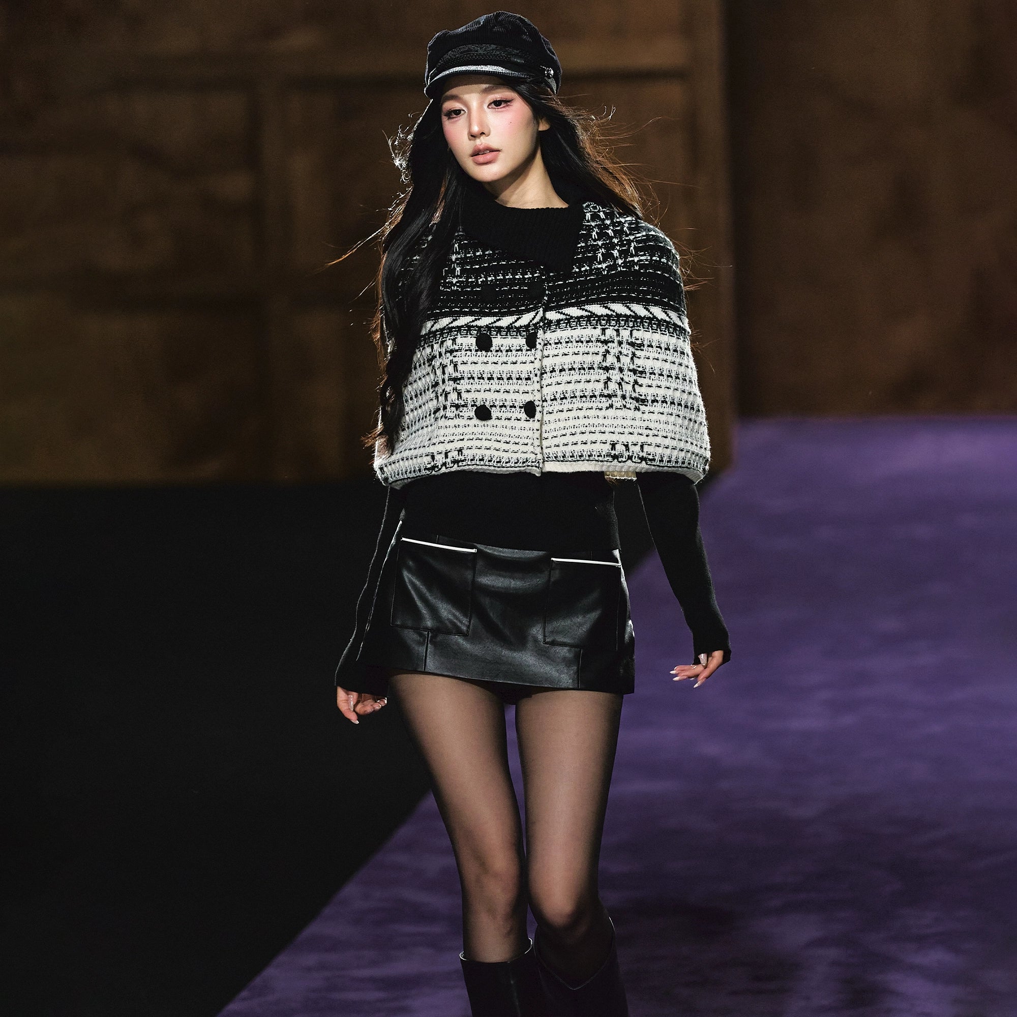 Tweed-Inspired Knit Cape & Crewneck Set