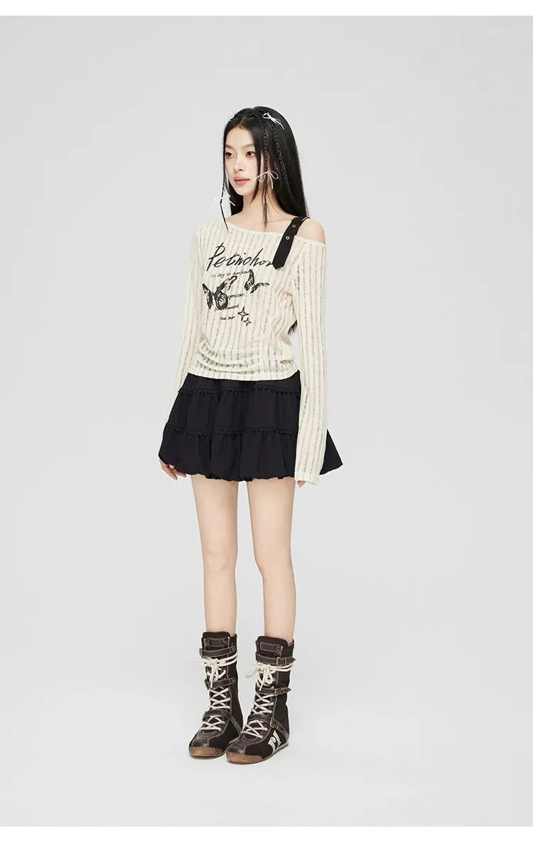 Gray & Beige Hollow Off-shoulder Long Sleeve T-shirt - CHINASQUAD