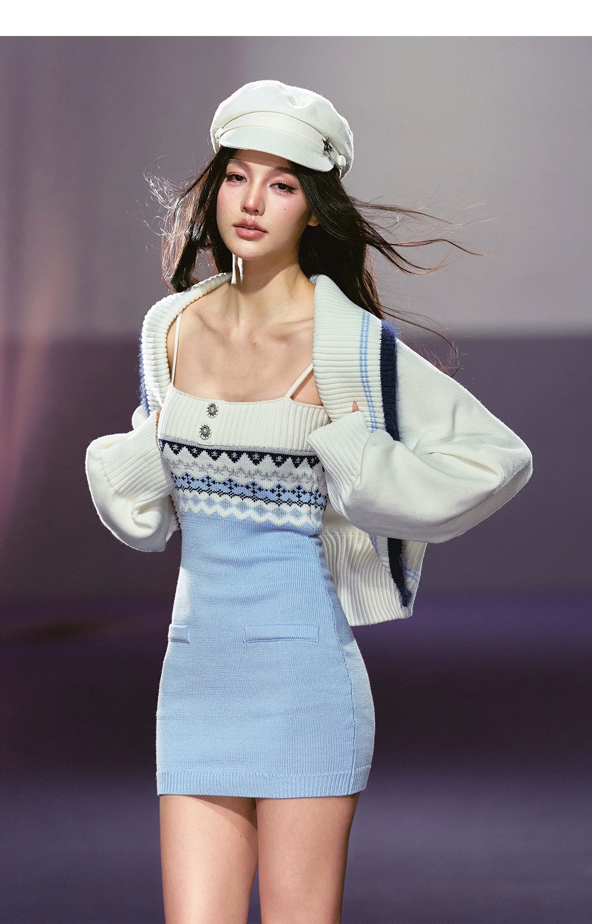 Asymmetrical Strap Top & Fair Isle Knit Cardigan Set