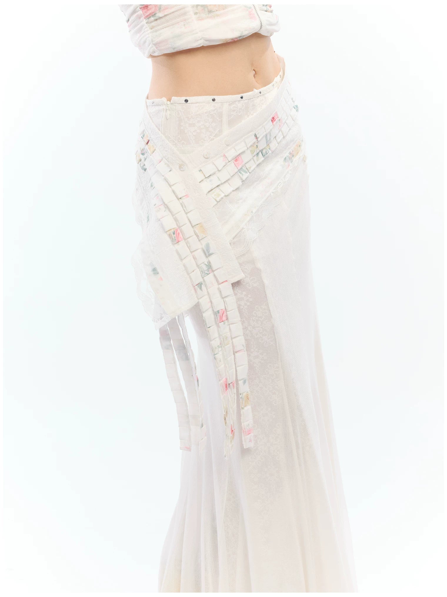 Vintage Floral Lace Asymmetric Waist Draped Overlay Skirt Belt
