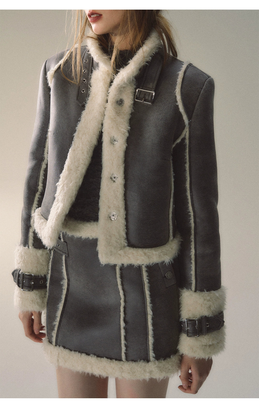 Grey Short Plush Shearling Jacket & Skirt Set - CHINASQUAD
