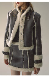 Grey Short Plush Shearling Jacket & Skirt Set - CHINASQUAD
