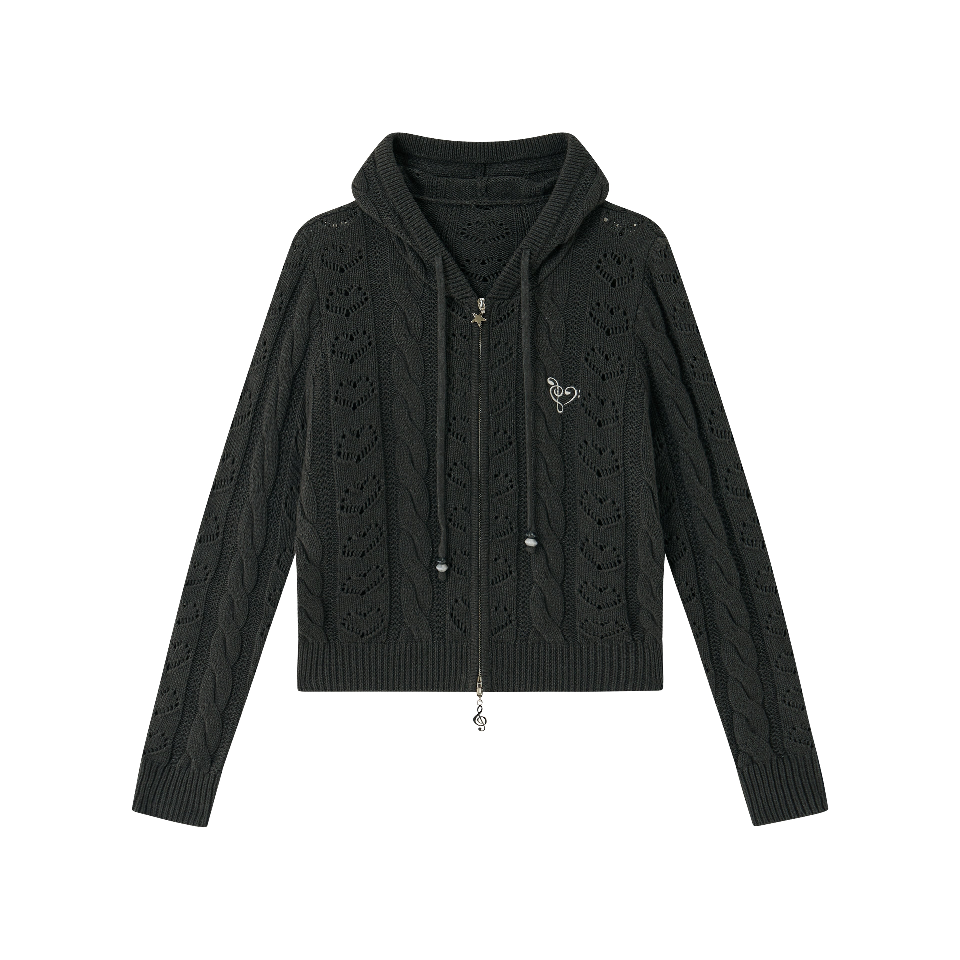 Heart Cutout Cable-Knit Hooded Cardigan