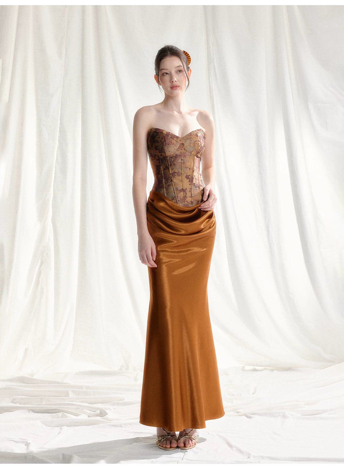 Jade Whisper Jacquard Corset Satin Evening Gown