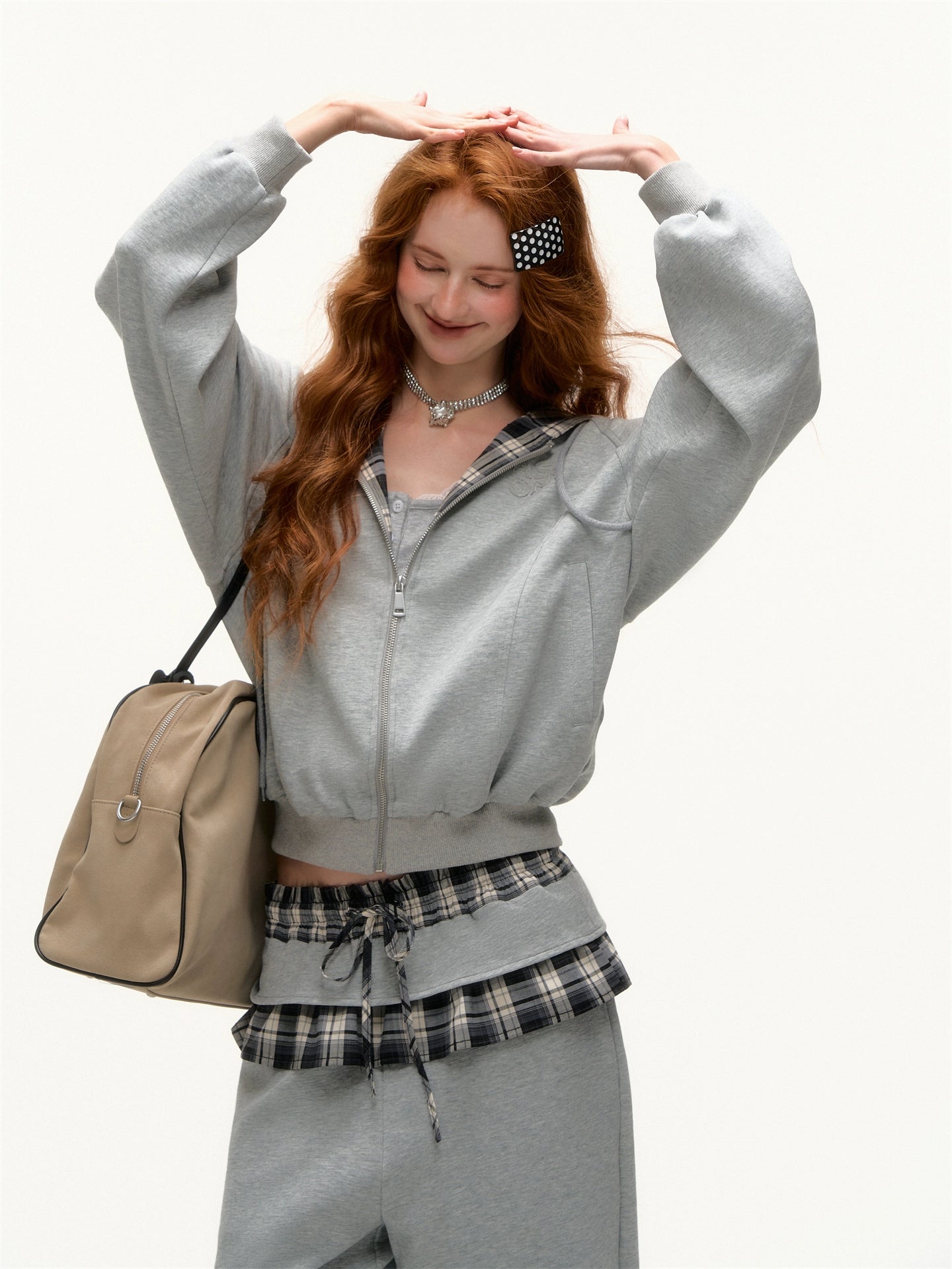 Plaid Patch Embroidered Sweatshirt & Ruffled Waist Pants Set - CHINASQUAD