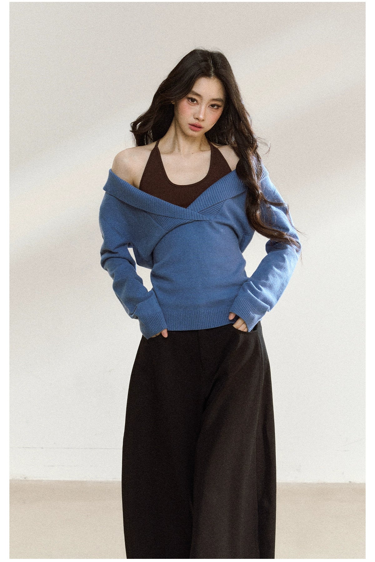 Blue Off-Shoulder Knit Sweater Cardigan - CHINASQUAD