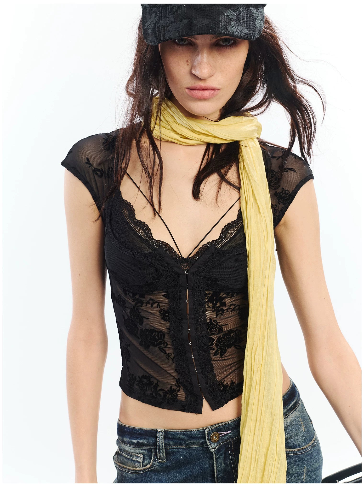 Flocked Floral Lace Flutter Sleeve Fitted Two-Piece Set