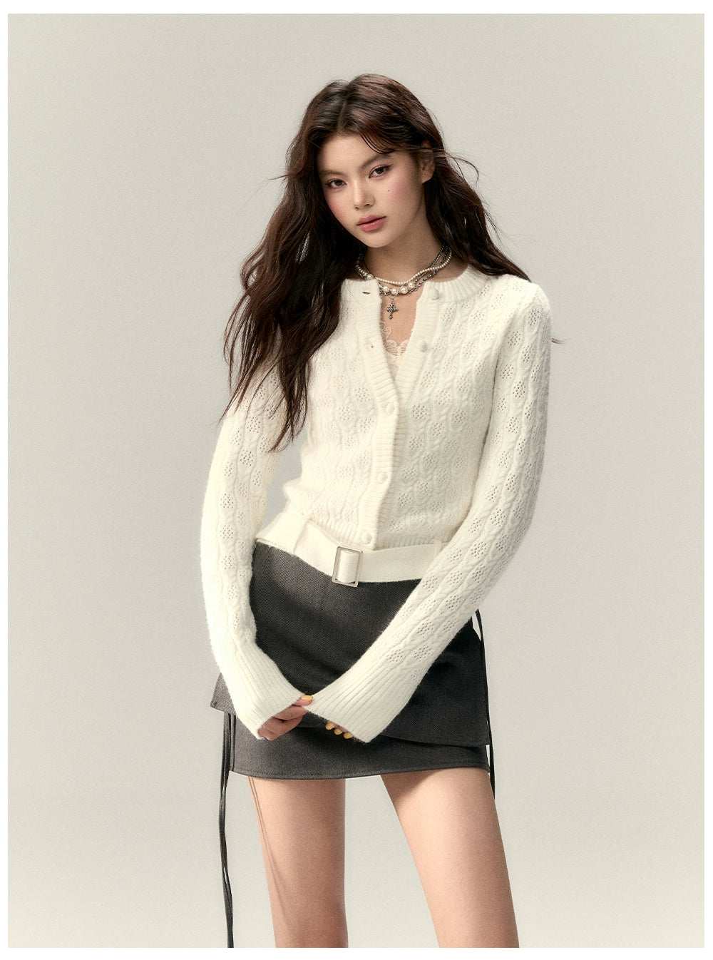 Belted Hollow Out Knit Sweater - CHINASQUAD
