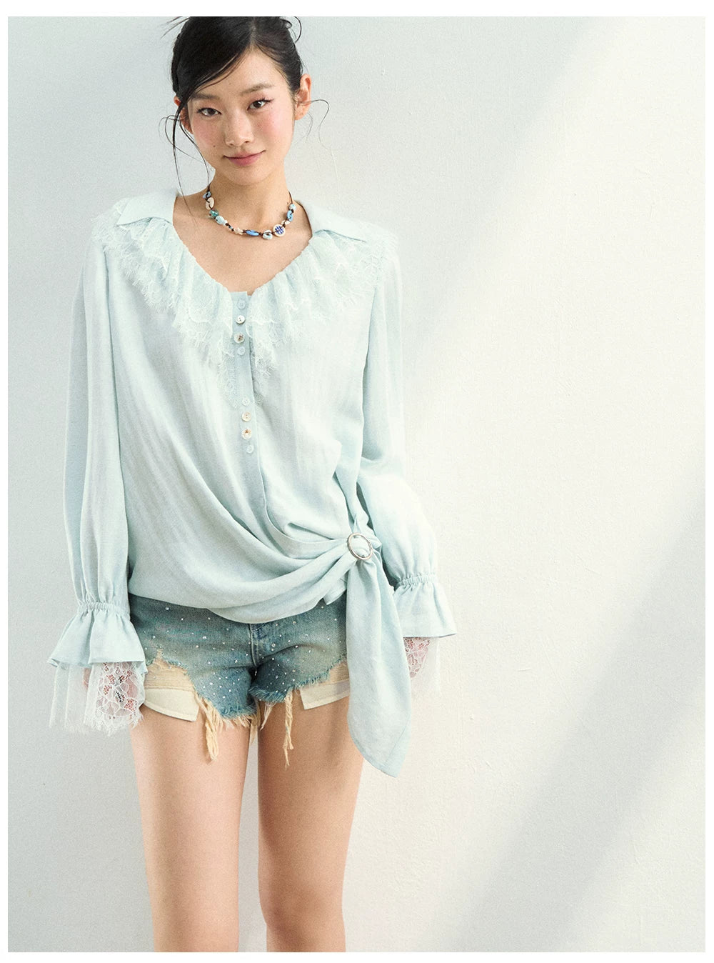 Lace Trim Relaxed Lyocell Blouse